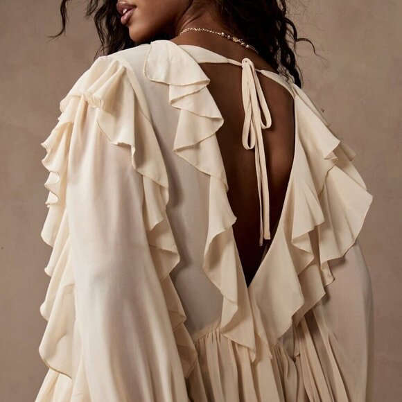 Apricot Boho Women's Ruffled Long Sleeve Tie Front Chiffon Blouse - Picture 5 of 7